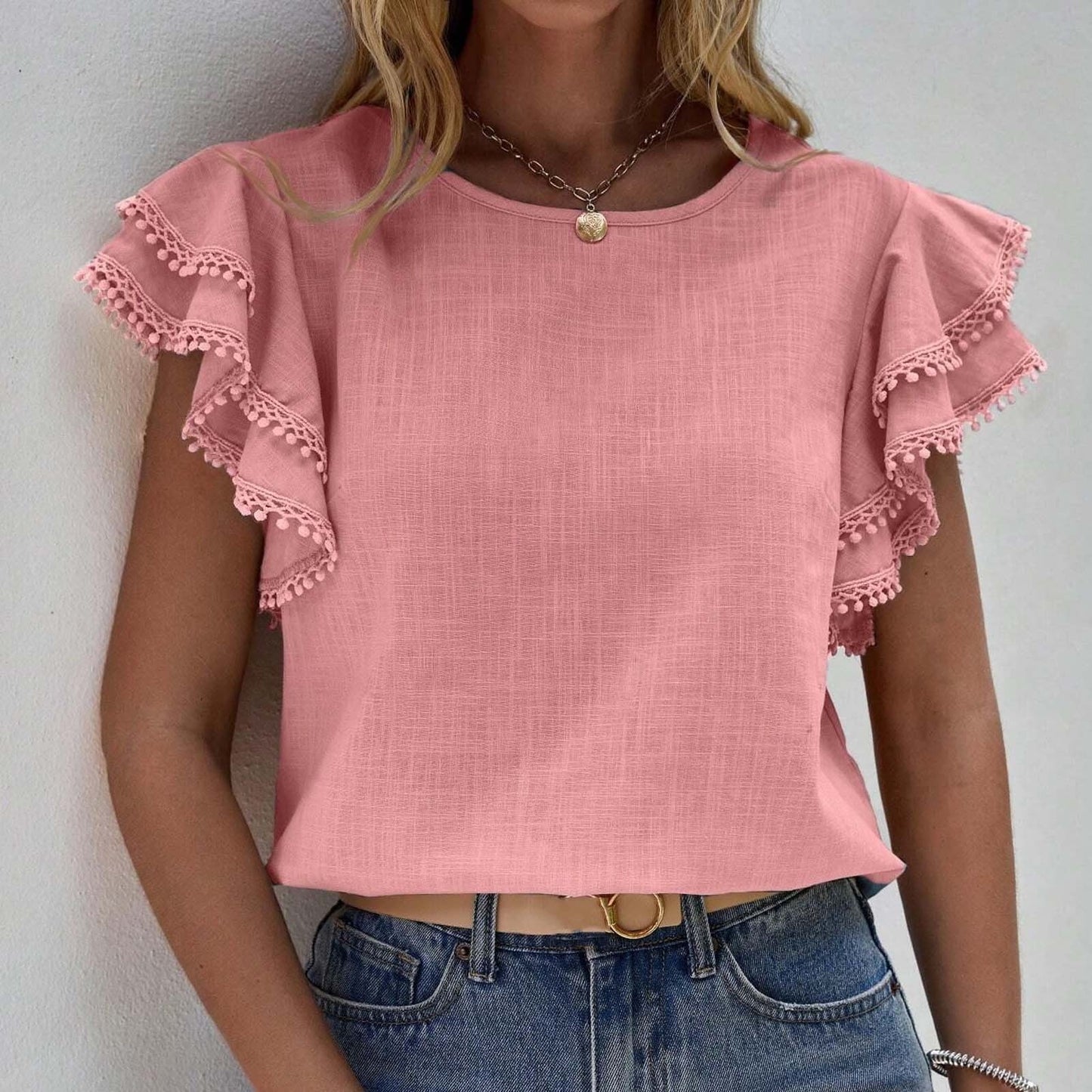 Round Neck Loose Ruffle Short Sleeved Top
