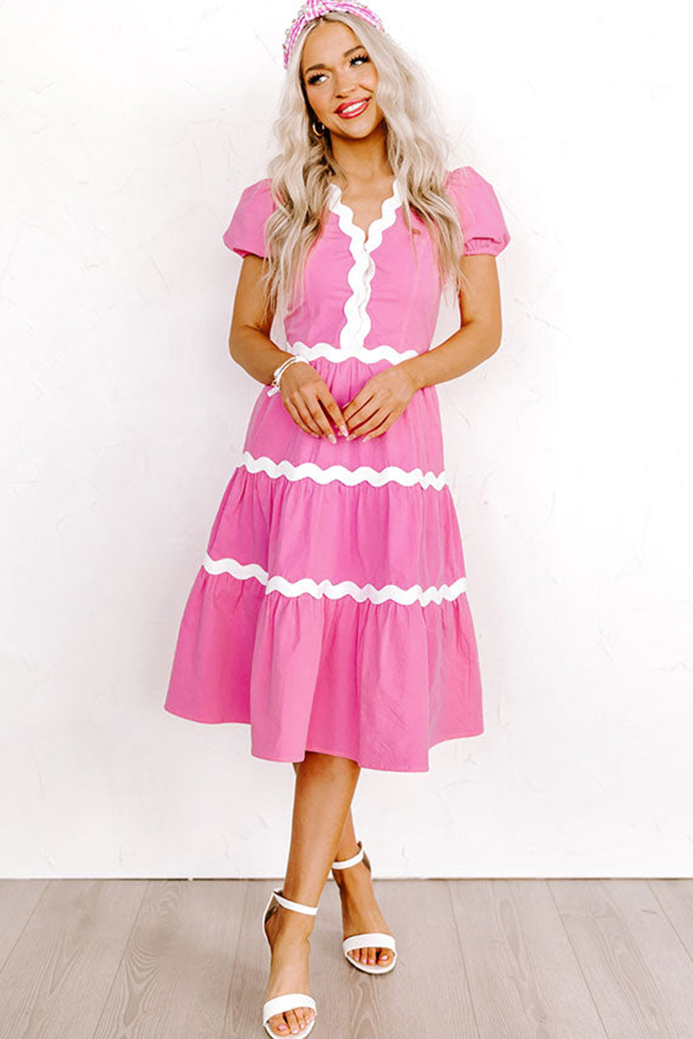 Pink Ric Rac Trim Short Puff Sleeve Flowy Midi Dress