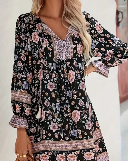 Black Boho Floral Dress L Black Boho Floral Dress L