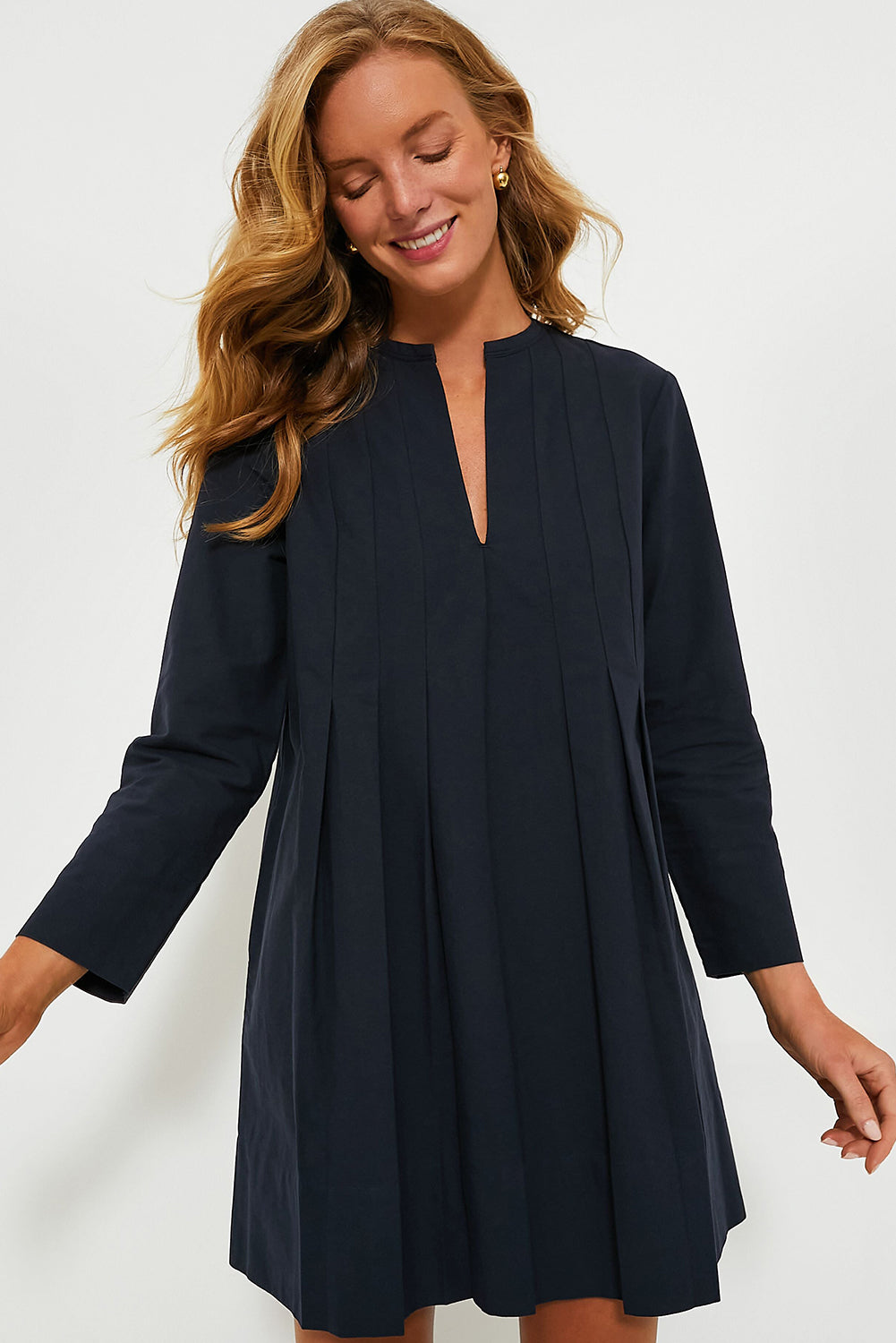 Dark Blue Plain V Neck Pleated Short Dress