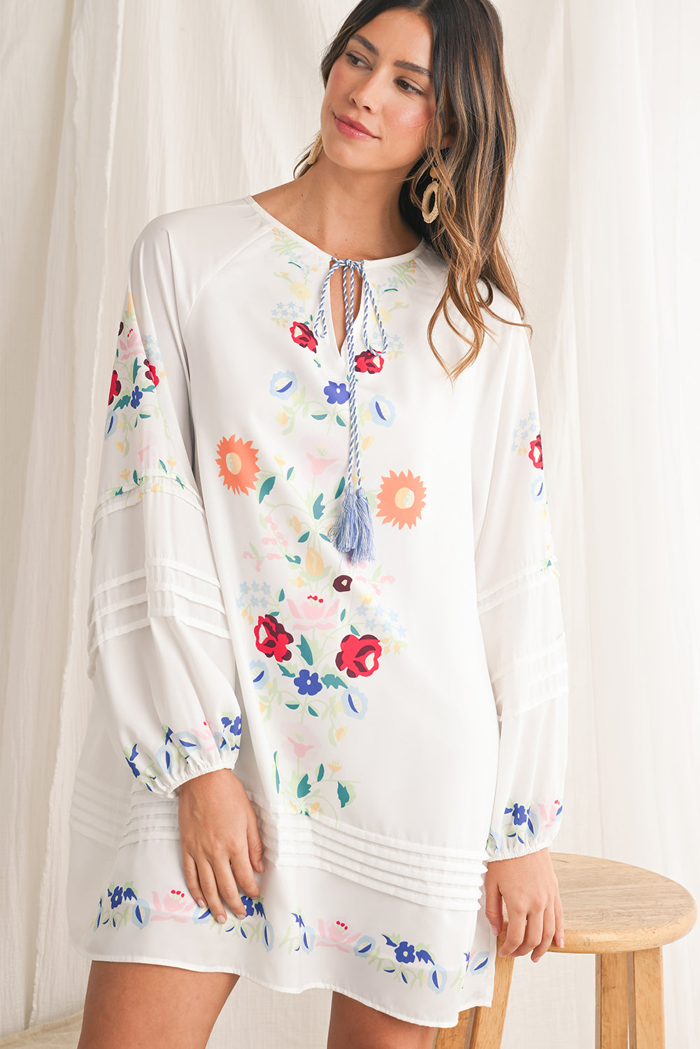 White Boho Floral Tassel Tie V Neck Mini Dress