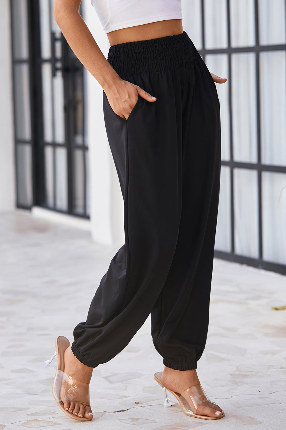 Black Pocket Smocked High Waist Joggers