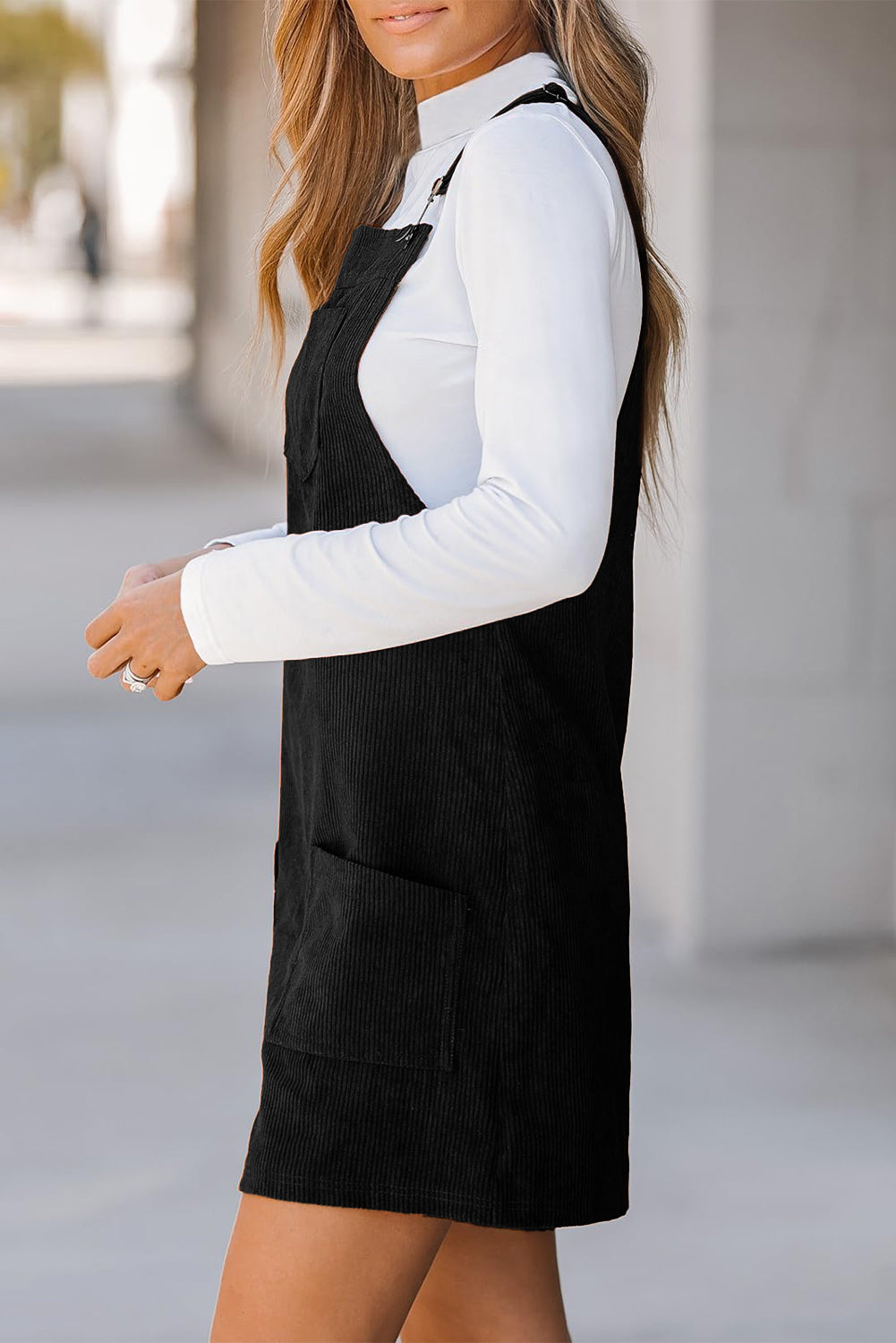 Plain Corduroy Pockets Overall Dress