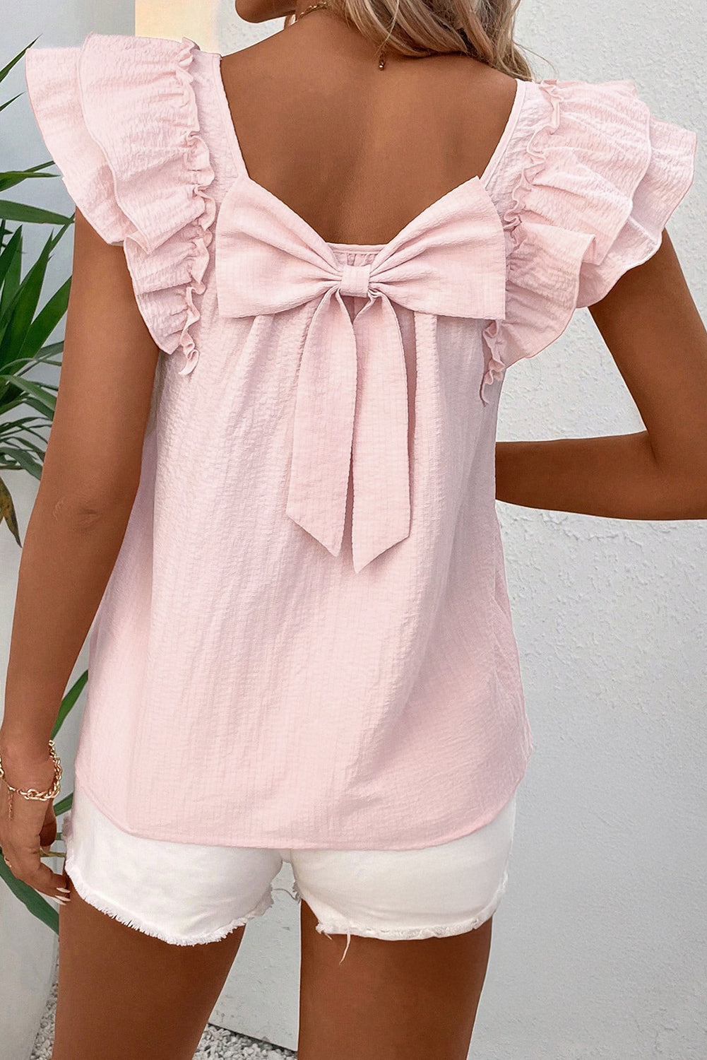 Gossamer Pink Textured Bow Frilled Ruffle Sleeve Blouse – Formal