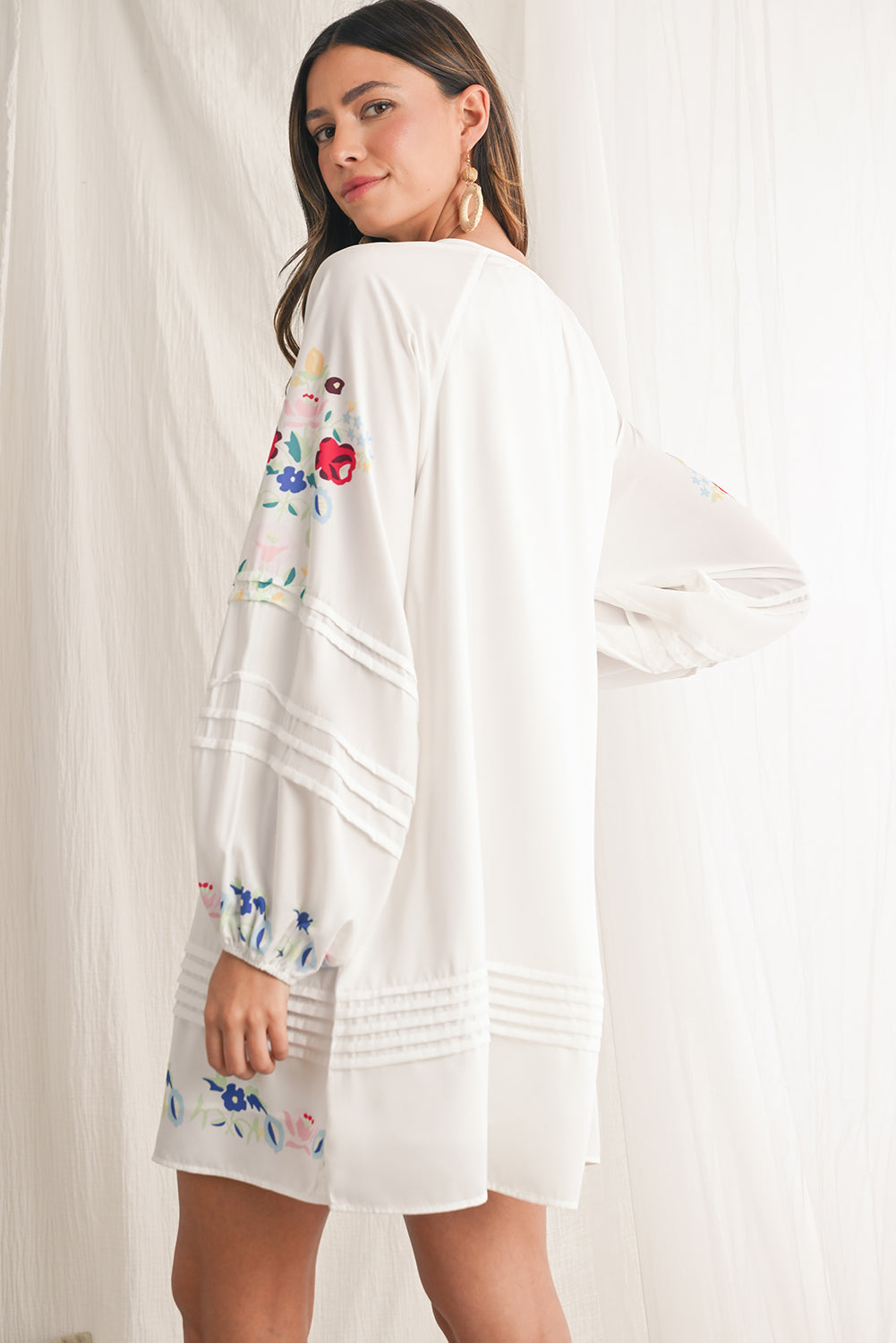 White Boho Floral Tassel Tie V Neck Mini Dress