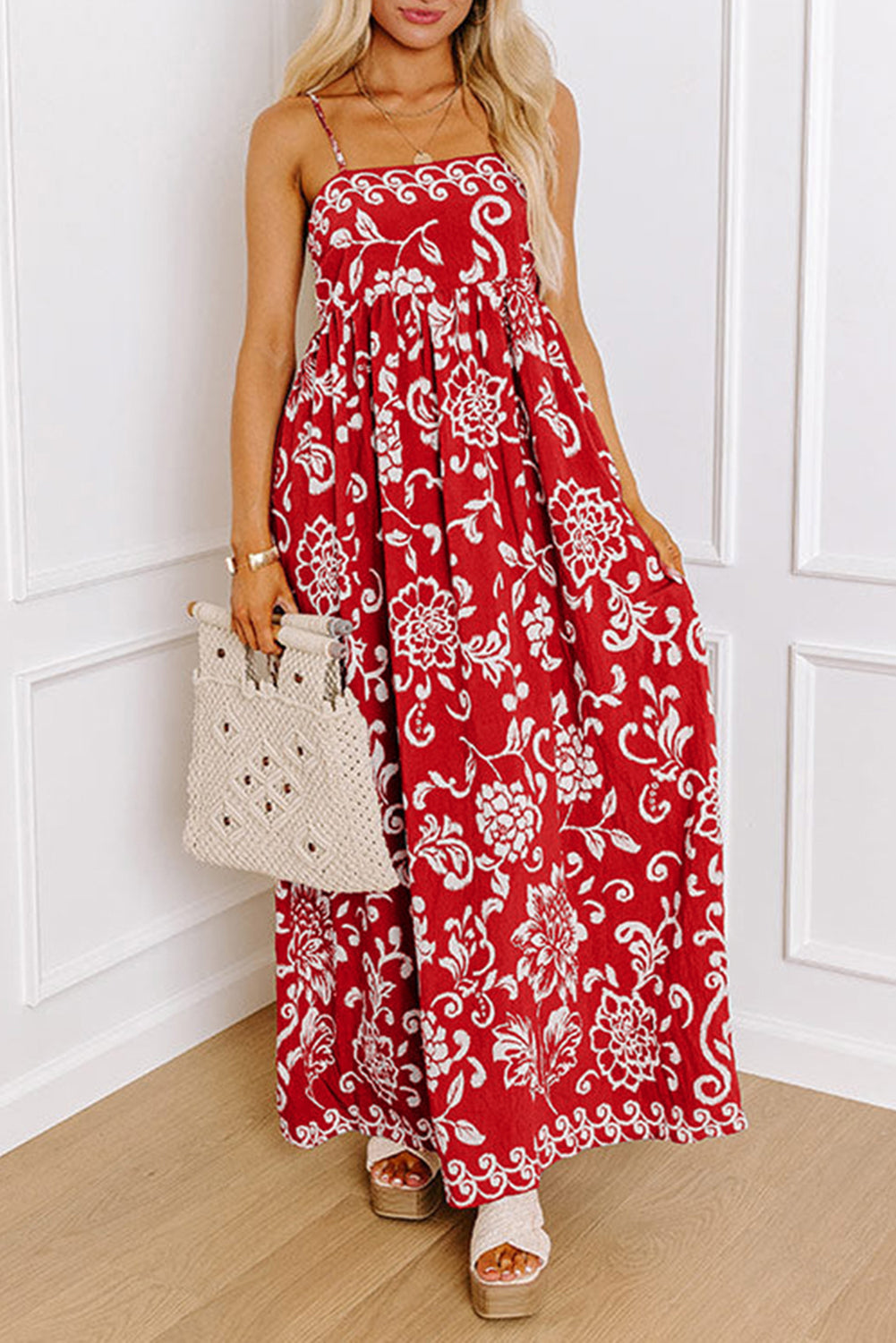 Red Floral Printed Spaghetti Strap Empire Waist Maxi Dress - Sunny Angela Red / M Red Floral Printed Spaghetti Strap Empire Waist Maxi Dress - Sunny Angela Red / M