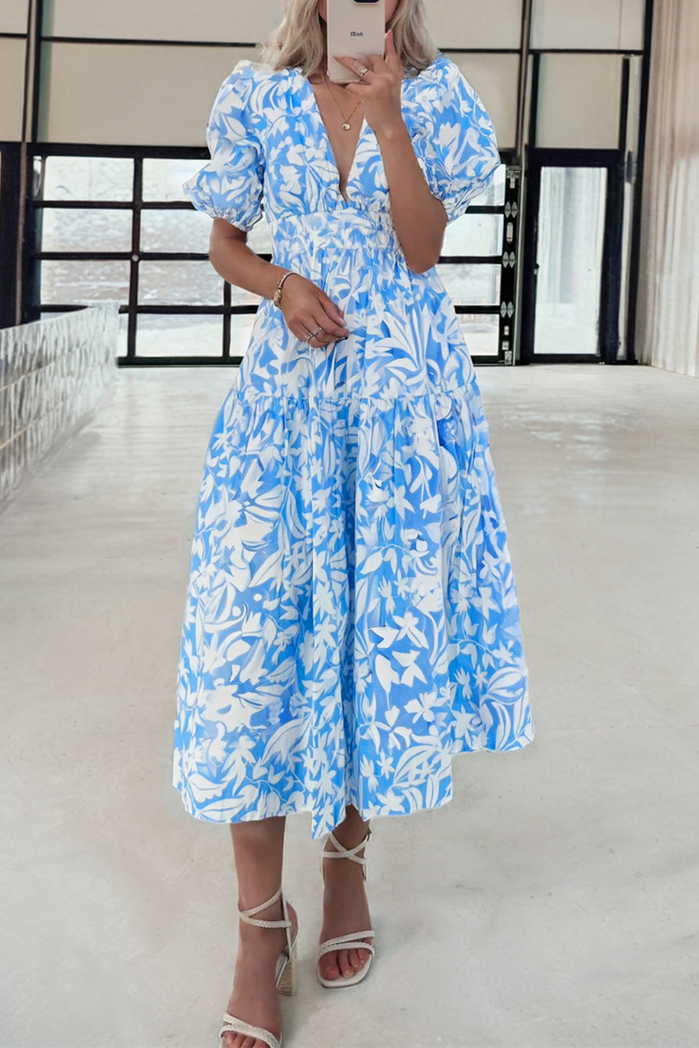 Sky Blue Floral Print Deep V Neck Puff Sleeve Flowy Dress Formal Affair Boutique Sky Blue Floral Print Deep V Neck Puff Sleeve Flowy Dress Formal Affair Boutique