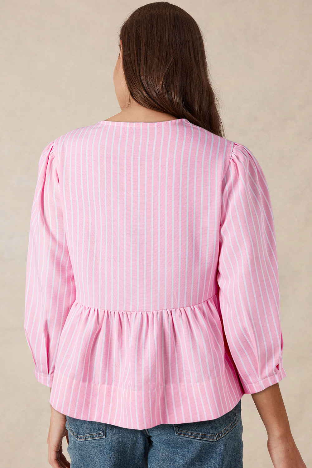 Pink Stripe Bow Front Puff Sleeve Blouse