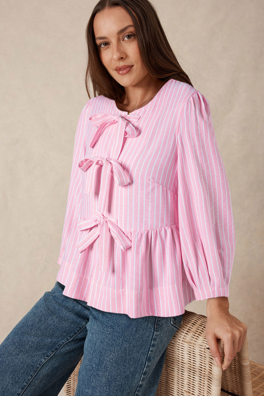 Pink Stripe Bow Front Puff Sleeve Blouse