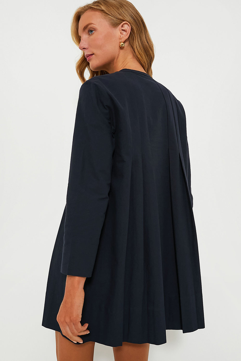 Dark Blue Plain V Neck Pleated Short Dress