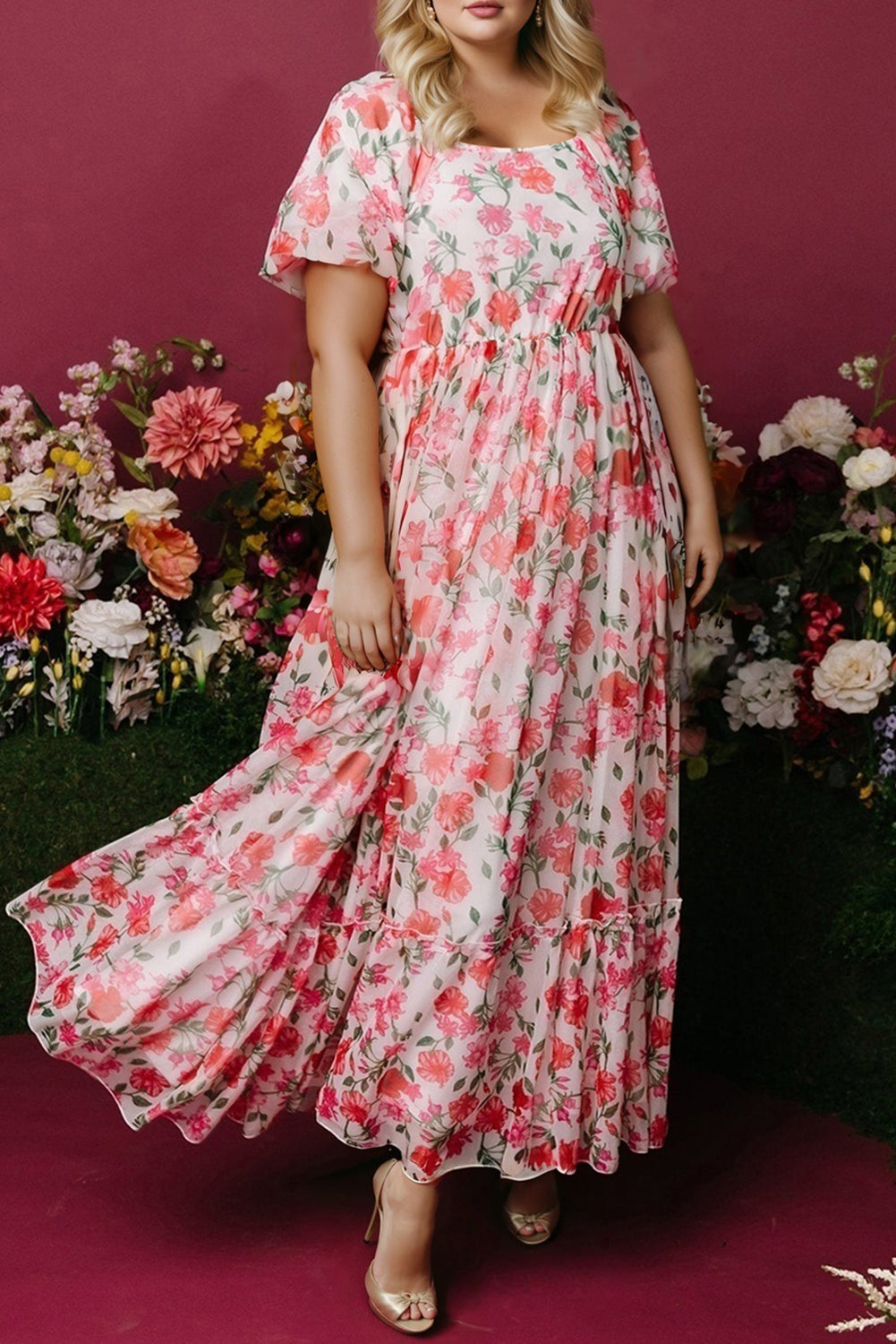 Pink Plus Size Floral Square Neck Puff Sleeve Ruffle Maxi Dress Pink / 4X Pink Plus Size Floral Square Neck Puff Sleeve Ruffle Maxi Dress Pink / 4X
