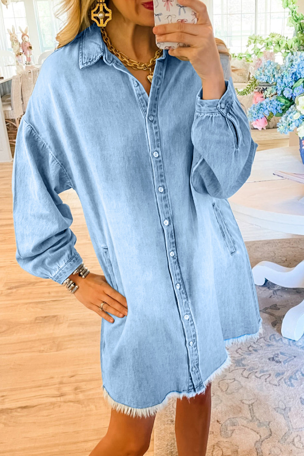 Beau Blue Risen Medium Washed Denim Shirt Dress - Sunny Angela Beau Blue / S Beau Blue Risen Medium Washed Denim Shirt Dress - Sunny Angela Beau Blue / S