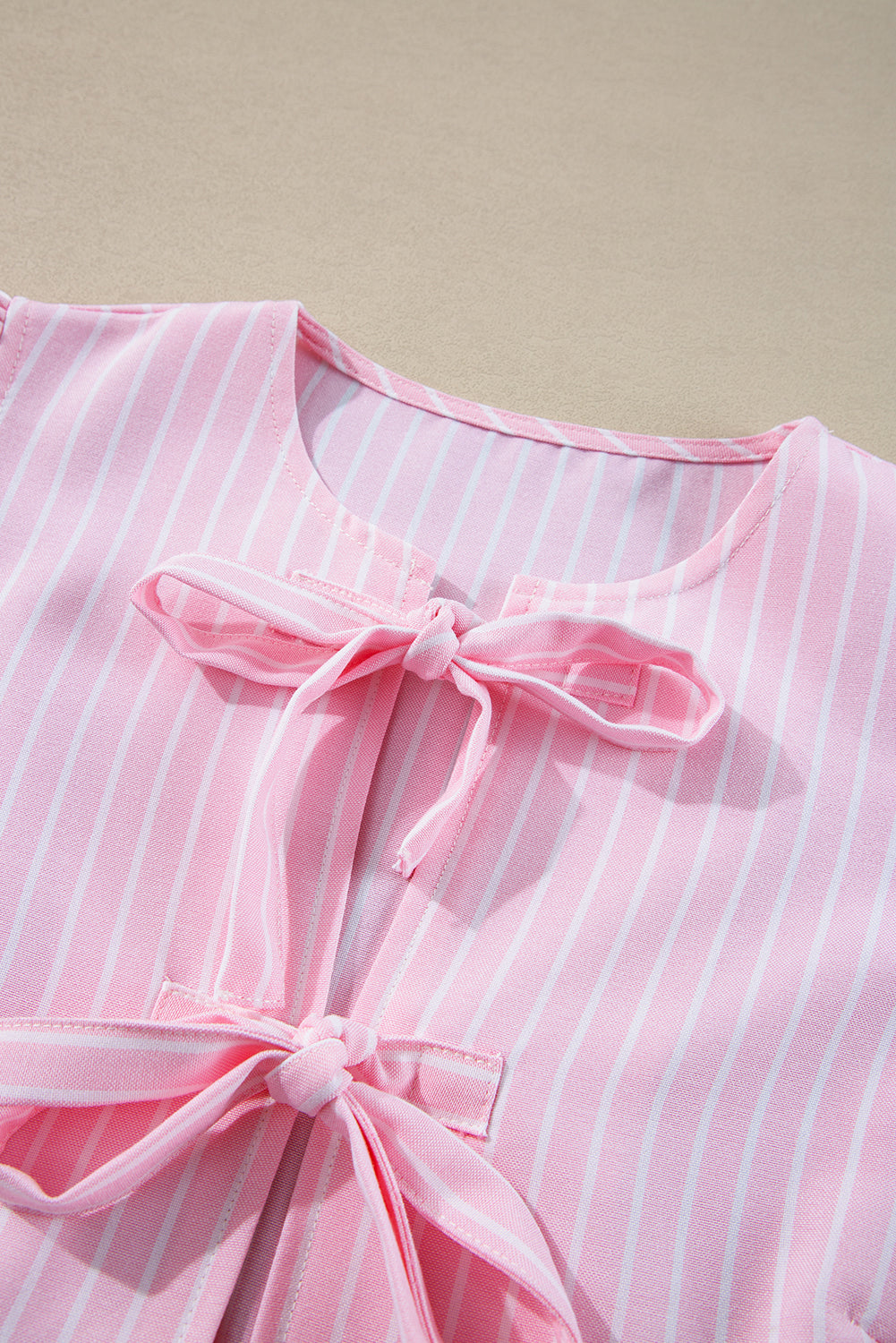 Pink Stripe Bow Front Puff Sleeve Blouse