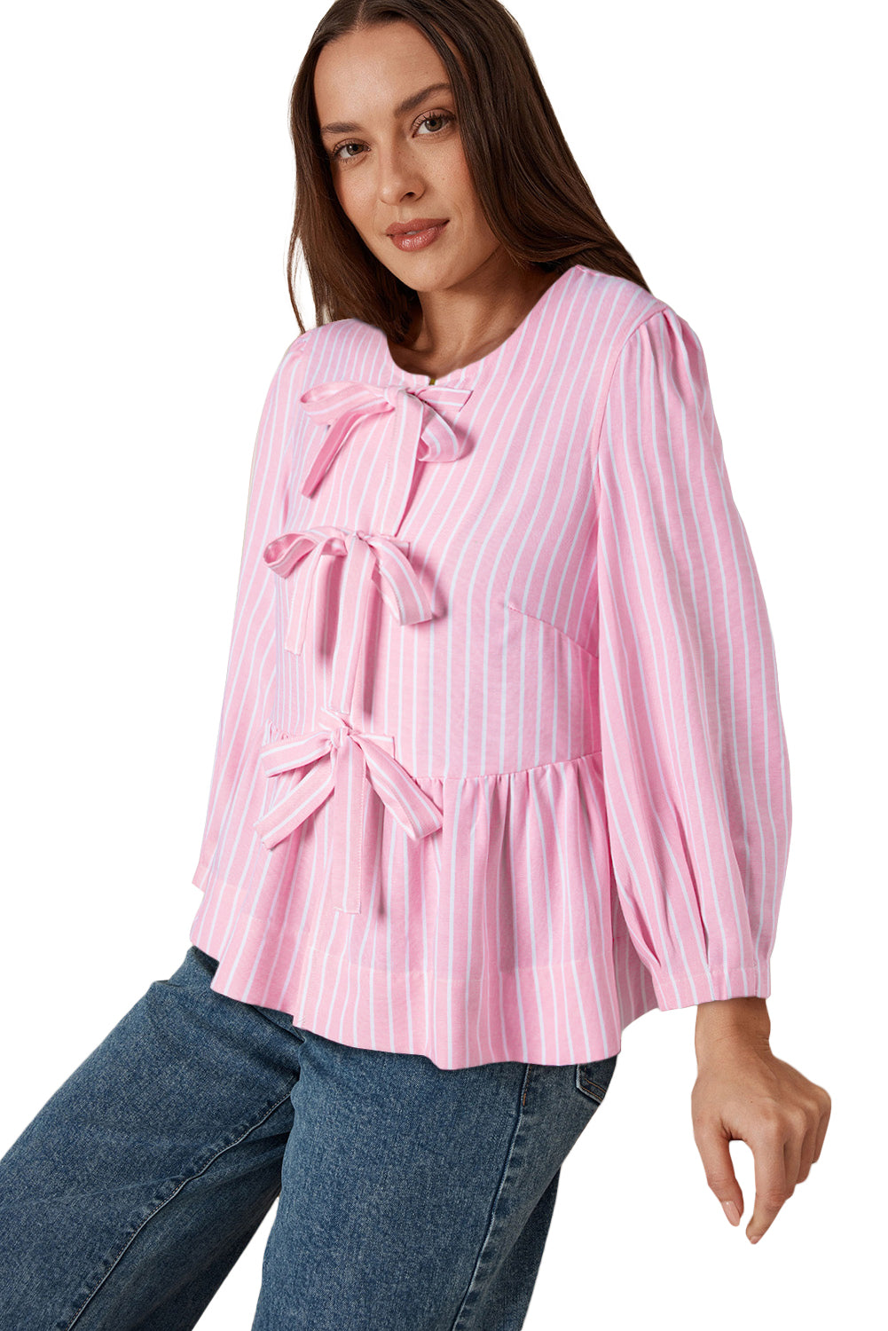 Pink Stripe Bow Front Puff Sleeve Blouse