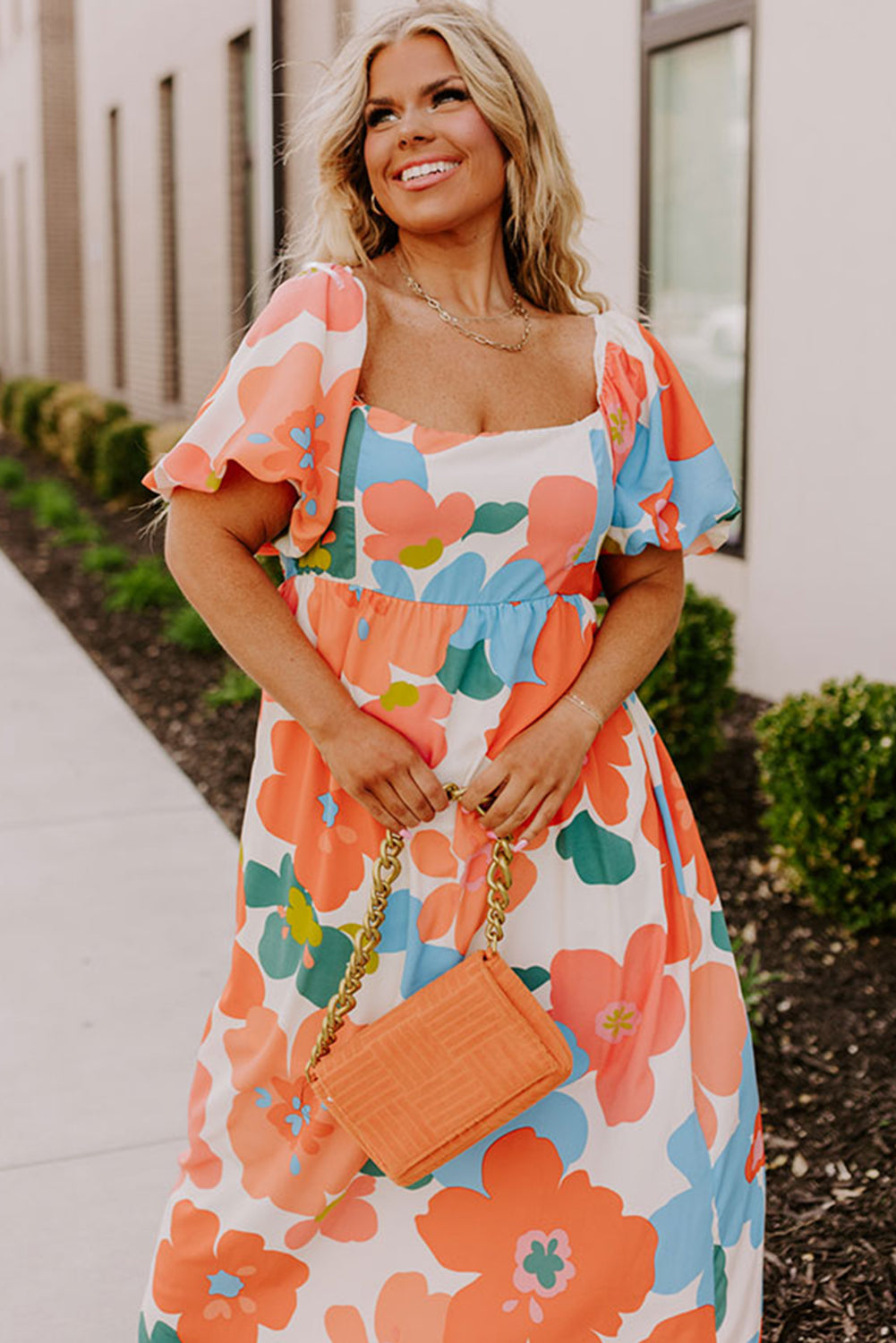Plus Size Orange Floral Print Square Neck Maxi Dress