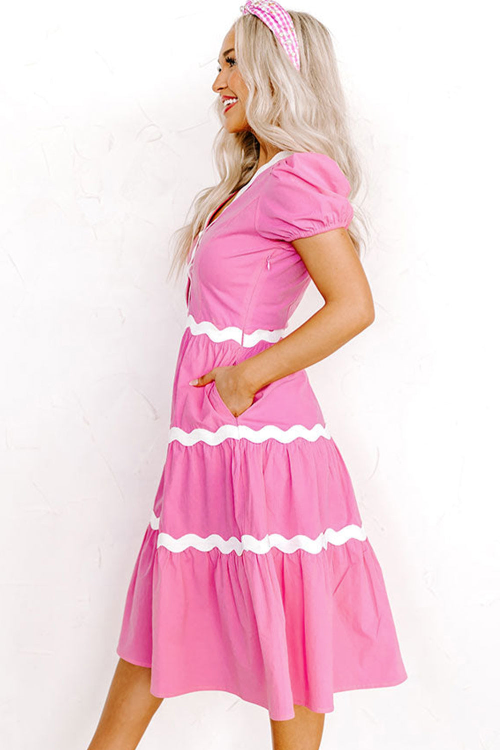 Pink Ric Rac Trim Short Puff Sleeve Flowy Midi Dress