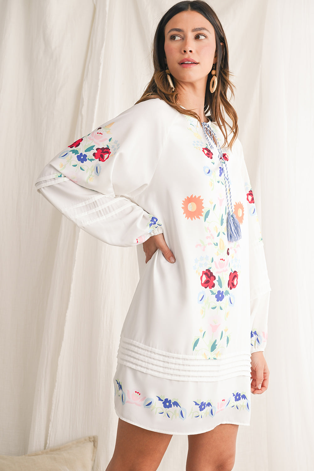 White Boho Floral Tassel Tie V Neck Mini Dress