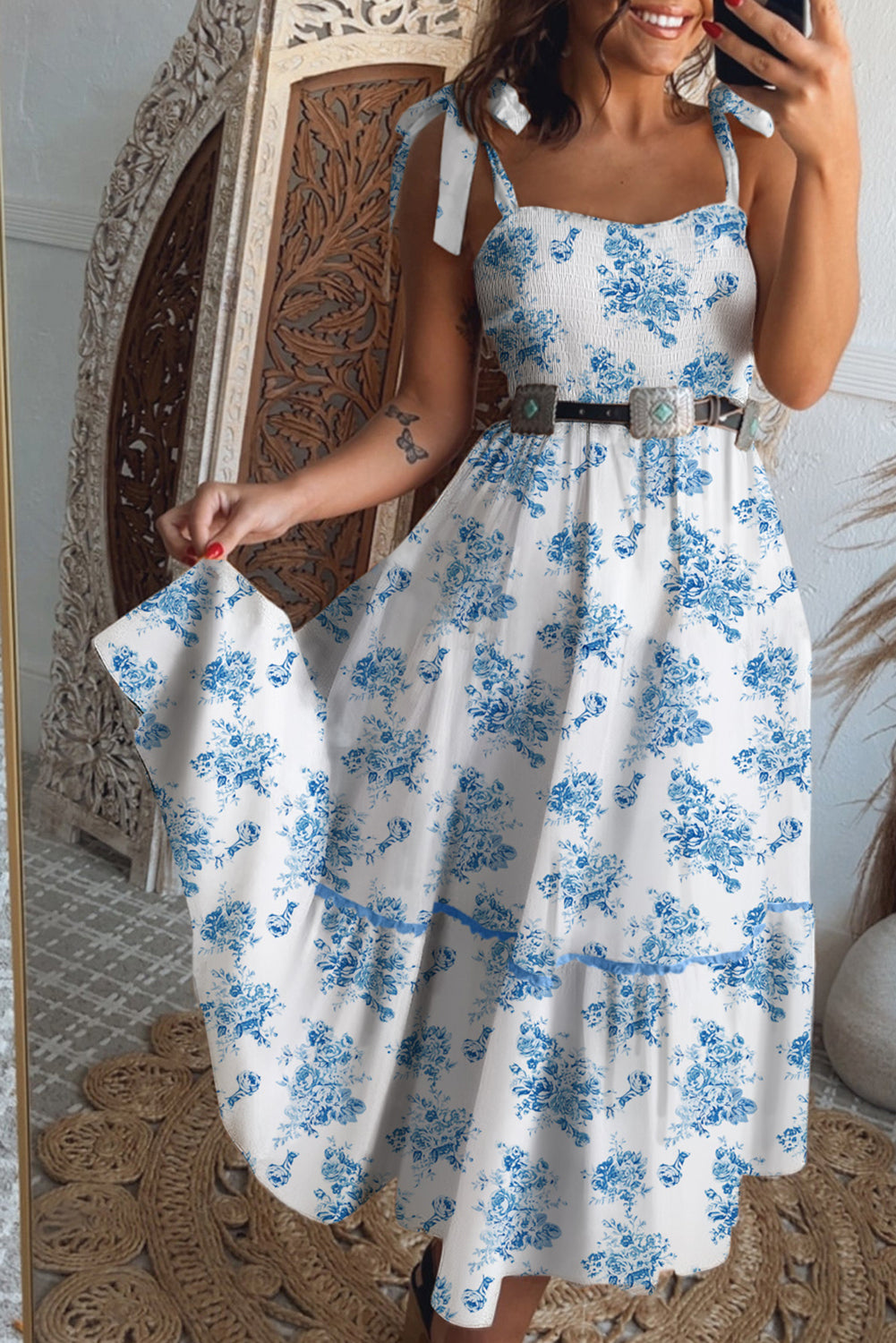 Sky Blue Floral Print Smocked Knot Shoulder Sleeveless Midi Dress Formal Affair Boutique Sky Blue Floral Print Smocked Knot Shoulder Sleeveless Midi Dress Formal Affair Boutique