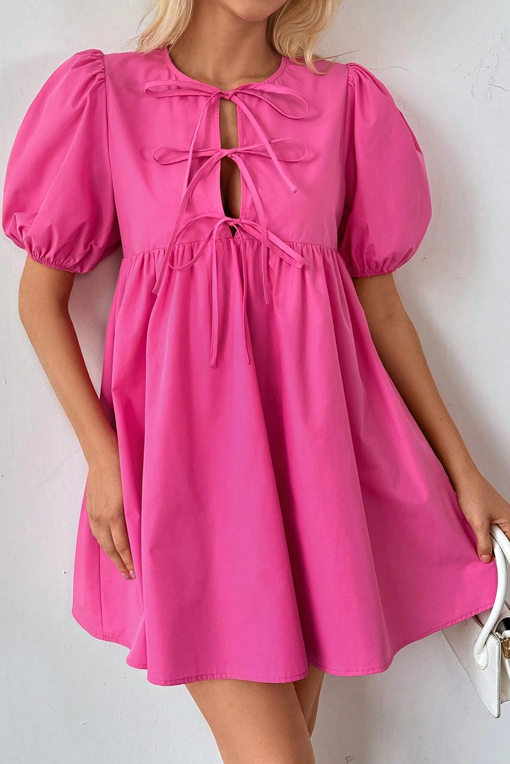 Bright Pink Tie Front Puff Sleeve Mini Dress Formal Affair Boutique Bright Pink Tie Front Puff Sleeve Mini Dress Formal Affair Boutique