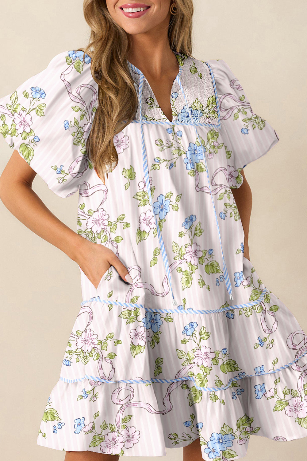 Pink Floral Striped Print Contrast Trim Tie Split Neck Mini Dress Pink / XL Pink Floral Striped Print Contrast Trim Tie Split Neck Mini Dress Pink / XL