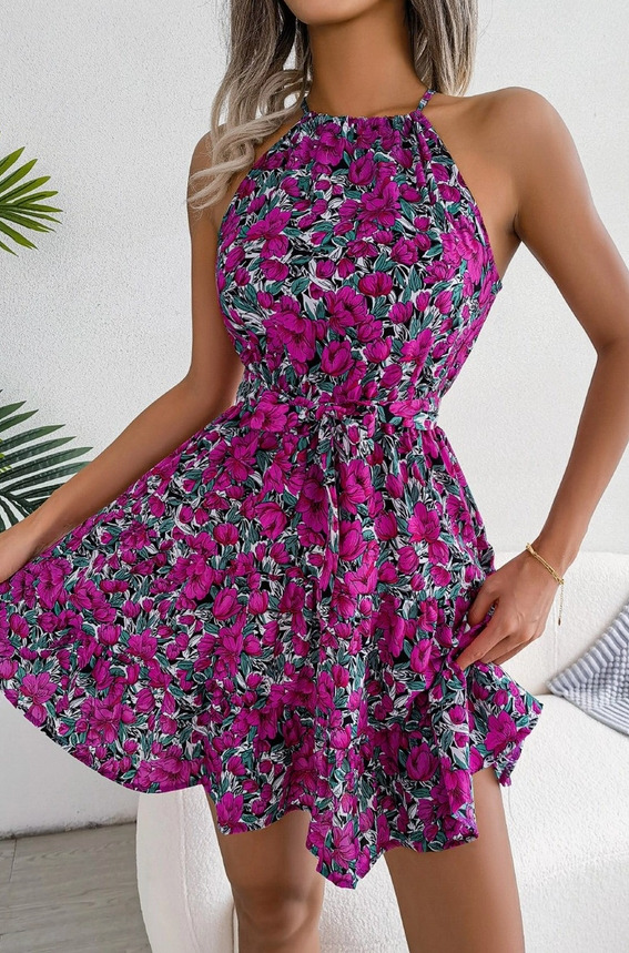 Purple Flouncy Floral Mini Dress with Tie Belt – Formal Affair