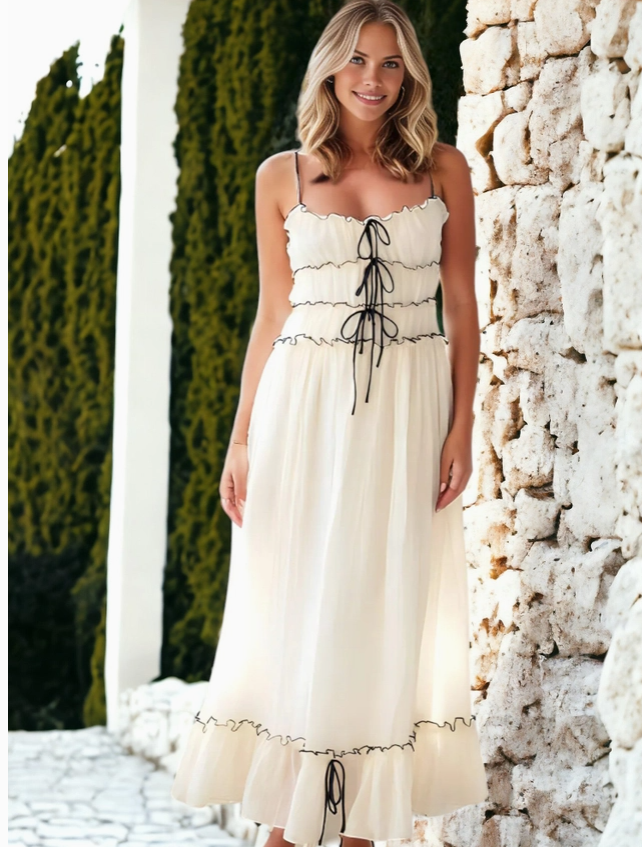 White With Black Tie Detail Lace Up Swing Ruffle Dress S White With Black Tie Detail Lace Up Swing Ruffle Dress S