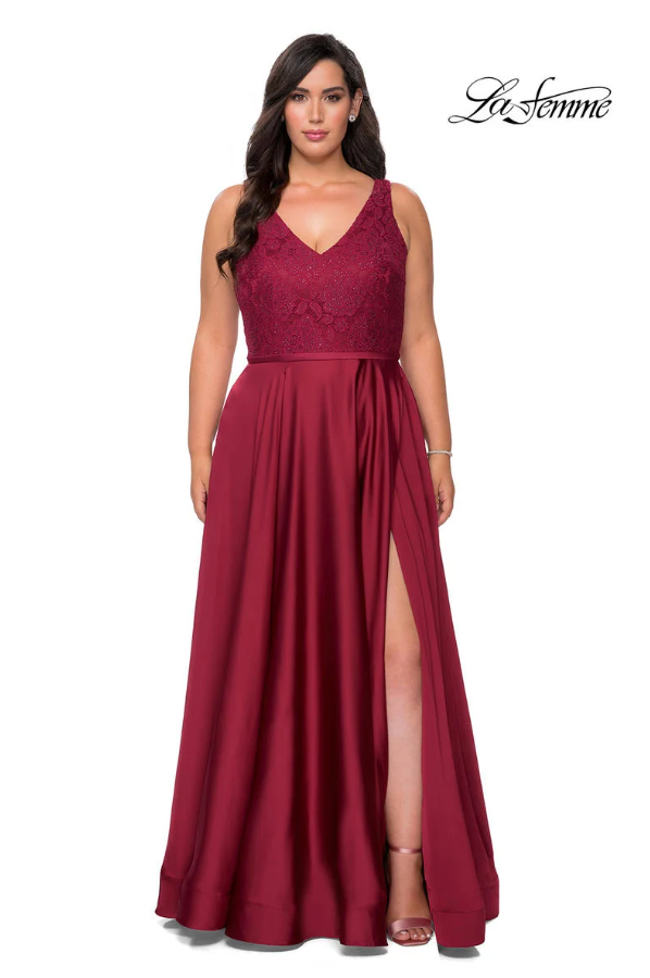 Lace and Satin High Slit Plus Size Dress by LaFemme