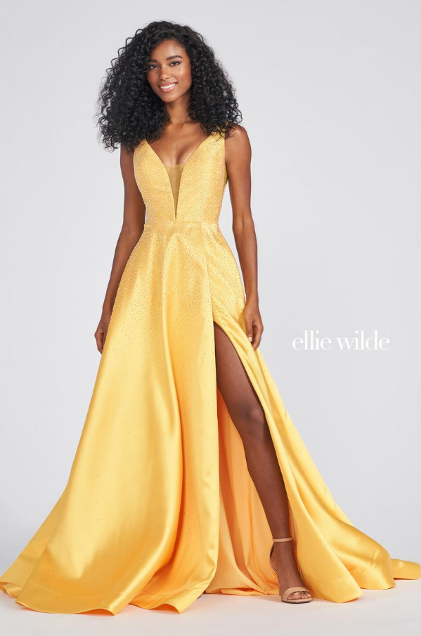 A-line silhouette with a plunging V-neck neckline by Ellie Wilde