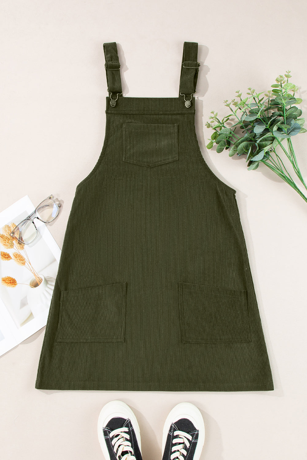 Plain Corduroy Pockets Overall Dress