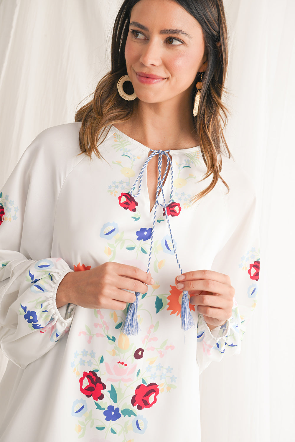 White Boho Floral Tassel Tie V Neck Mini Dress