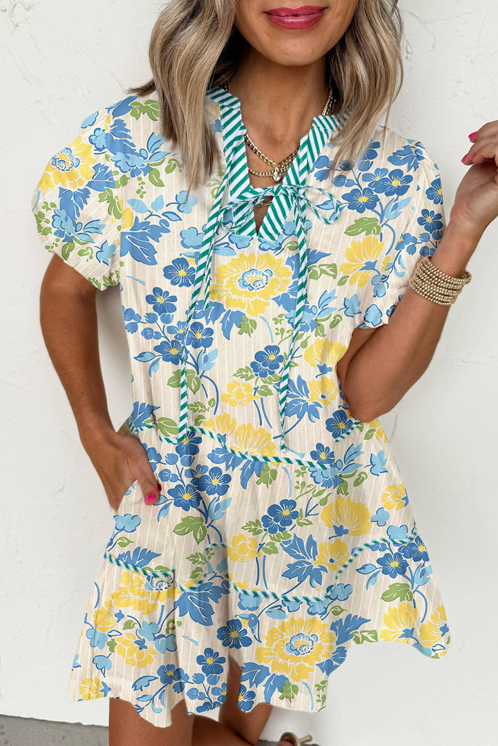 Blue Floral Print Striped Trim Puff Sleeve Mini Dress Blue / L Blue Floral Print Striped Trim Puff Sleeve Mini Dress Blue / L