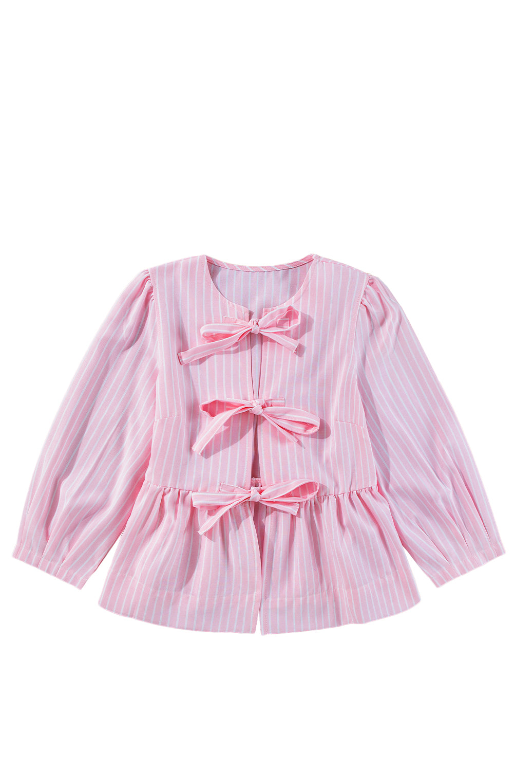 Pink Stripe Bow Front Puff Sleeve Blouse