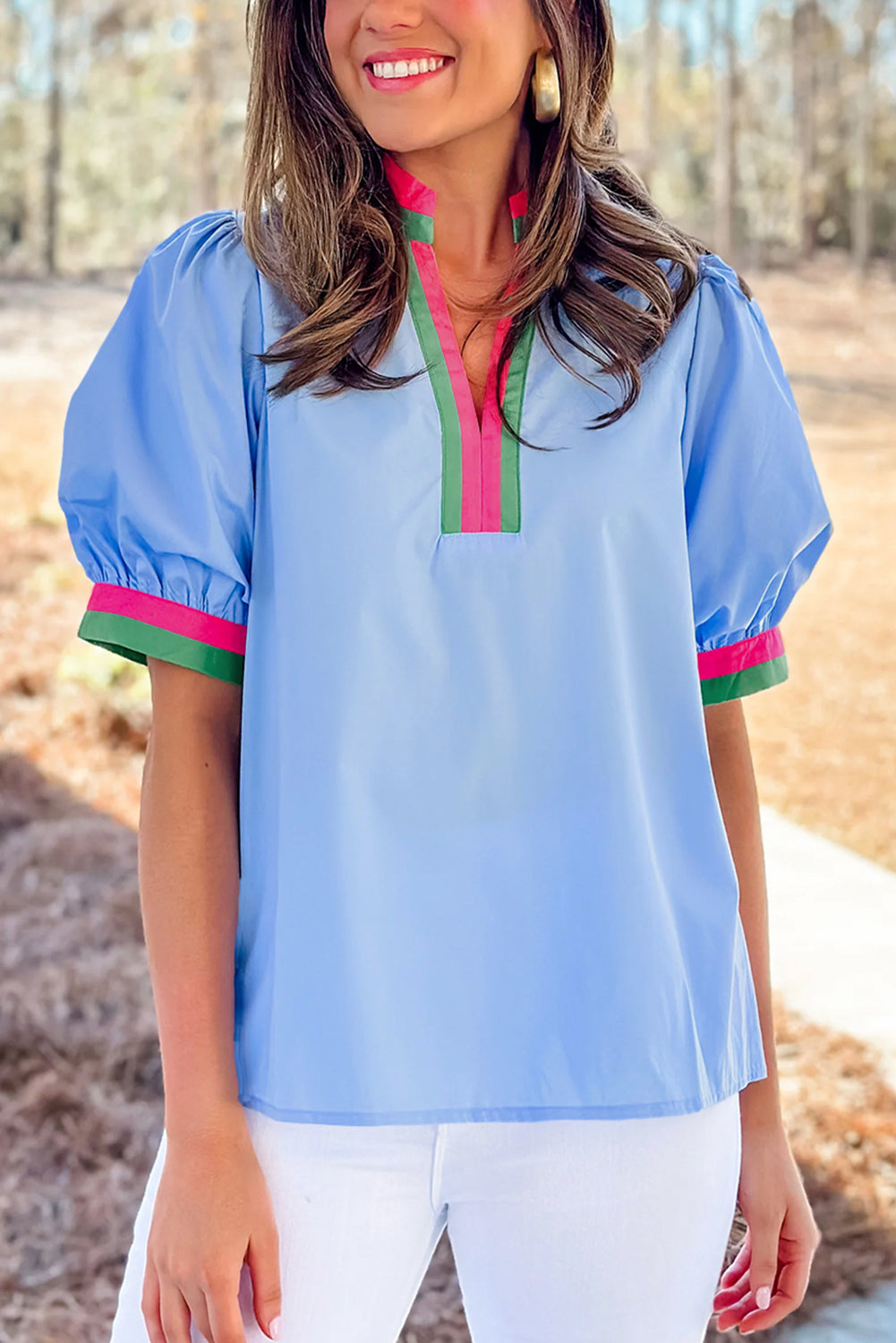 Sky Blue Puff Sleeve Pop of Color Neckline Blouse – Formal Affair