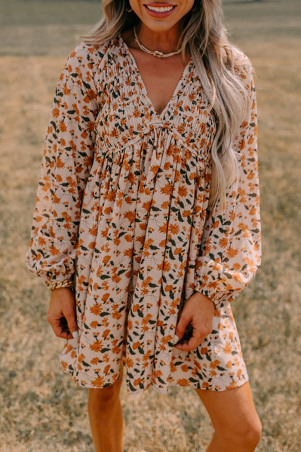 Beige Floral Deep V Neck Smocked Bust Bubble Sleeve Babydoll Dress Beige / M / 100%Viscose Beige Floral Deep V Neck Smocked Bust Bubble Sleeve Babydoll Dress Beige / M / 100%Viscose
