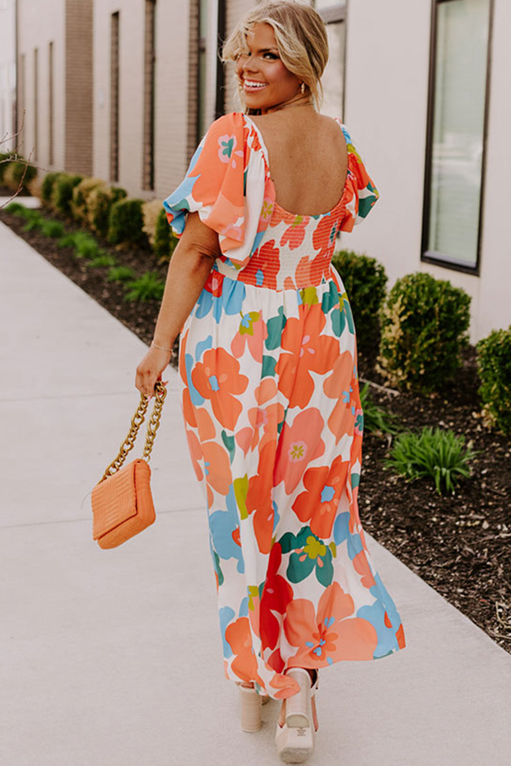 Plus Size Orange Floral Print Square Neck Maxi Dress