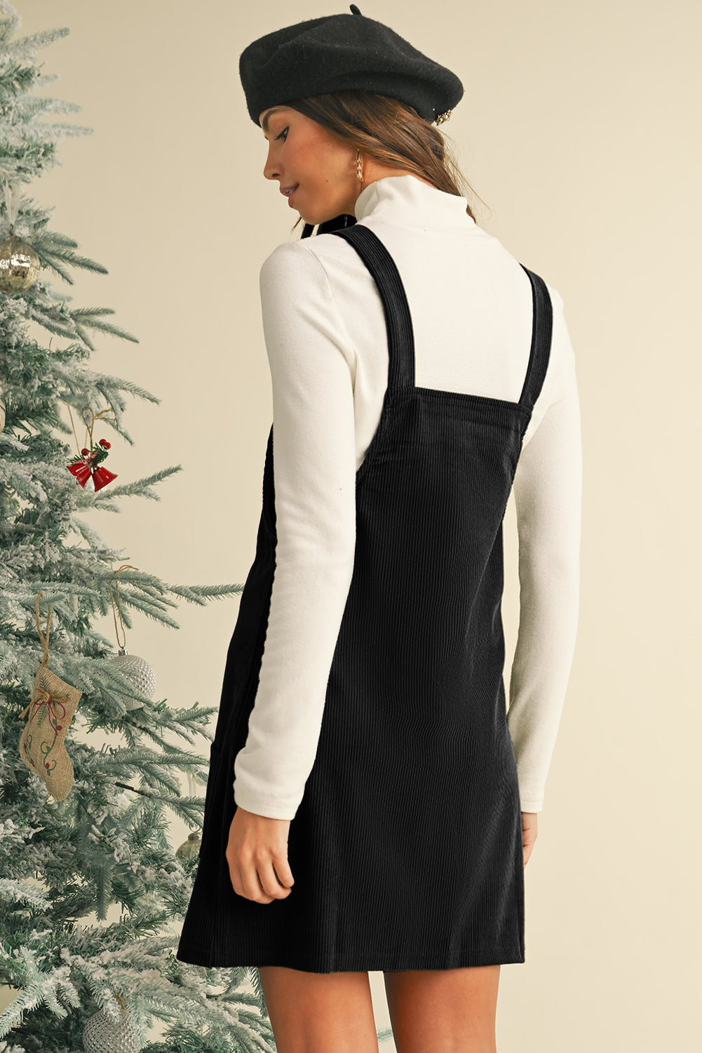 Plain Corduroy Pockets Overall Dress