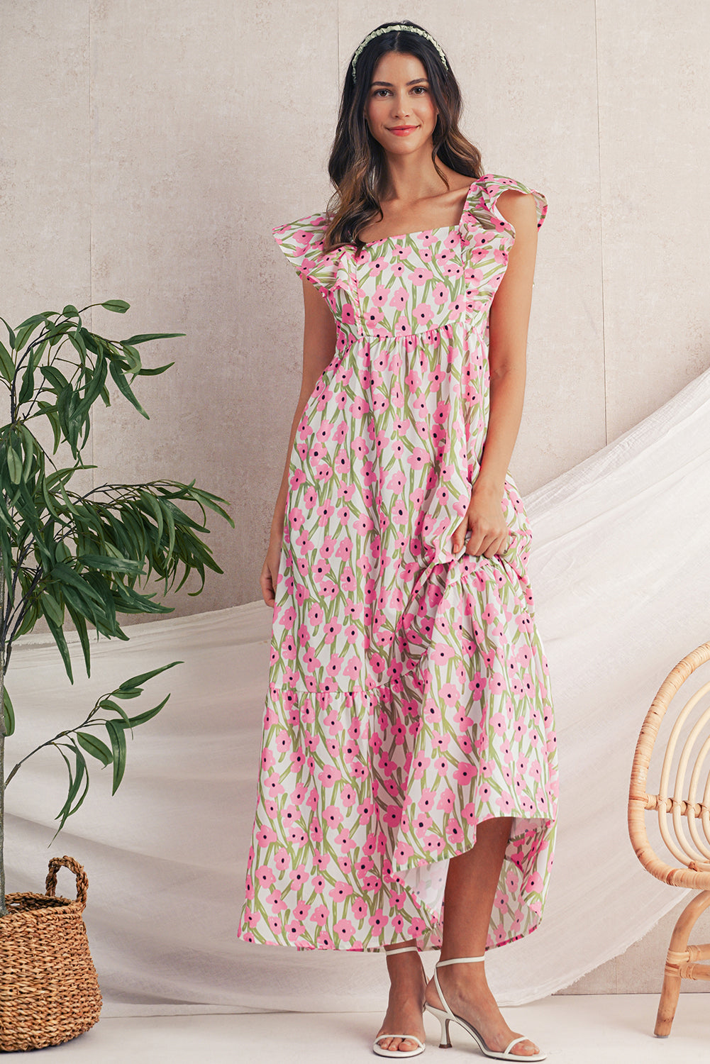 Pink Floral Print Square Neck Ruffled Strap Maxi Dress Pink / M Pink Floral Print Square Neck Ruffled Strap Maxi Dress Pink / M