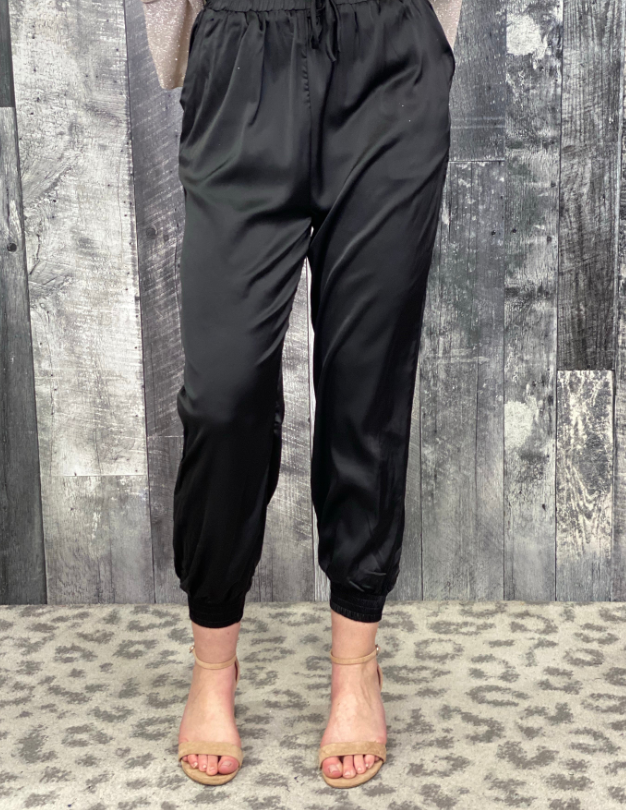 Plus Size Black Satin Jogger Pants - Main Image