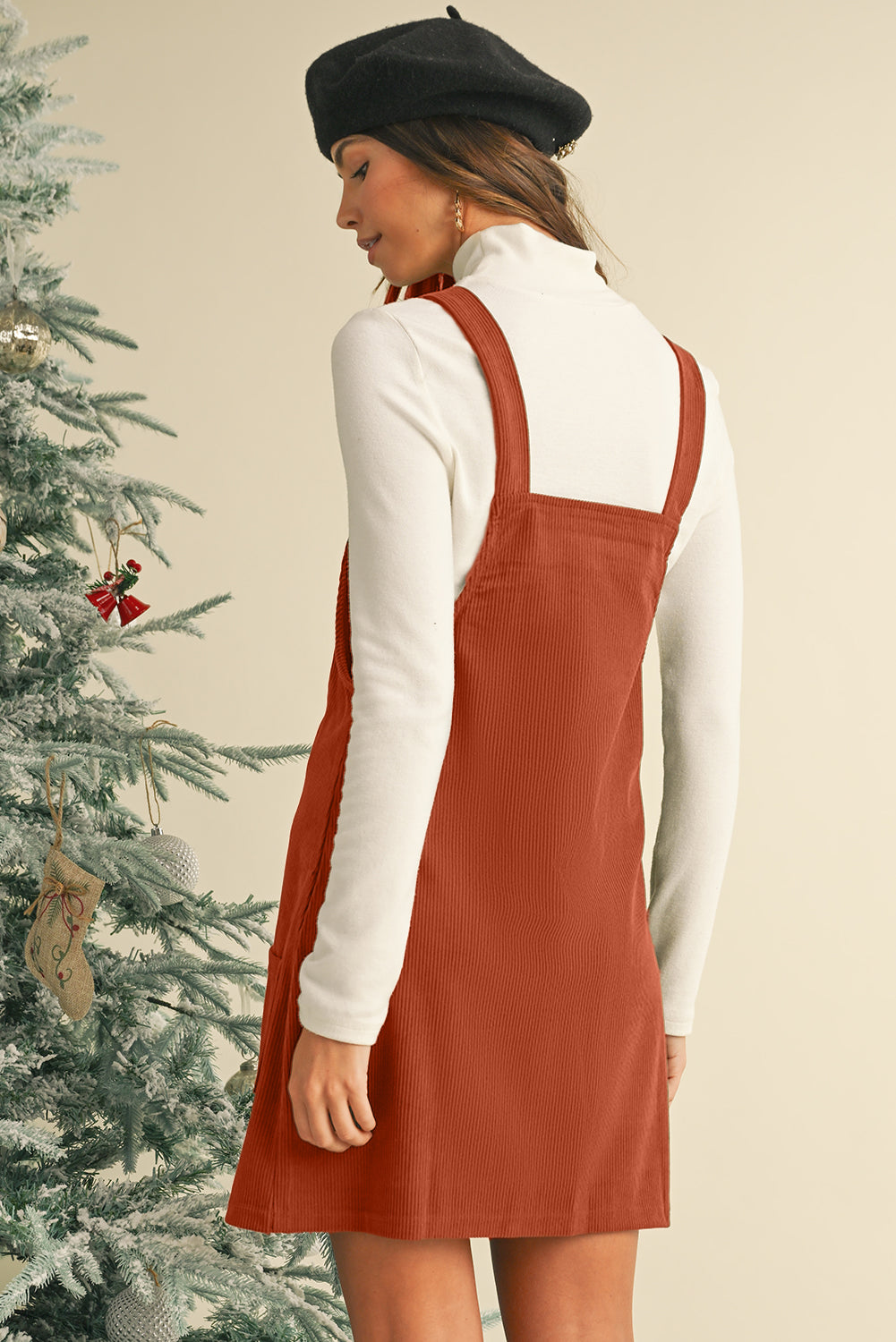 Plain Corduroy Pockets Overall Dress