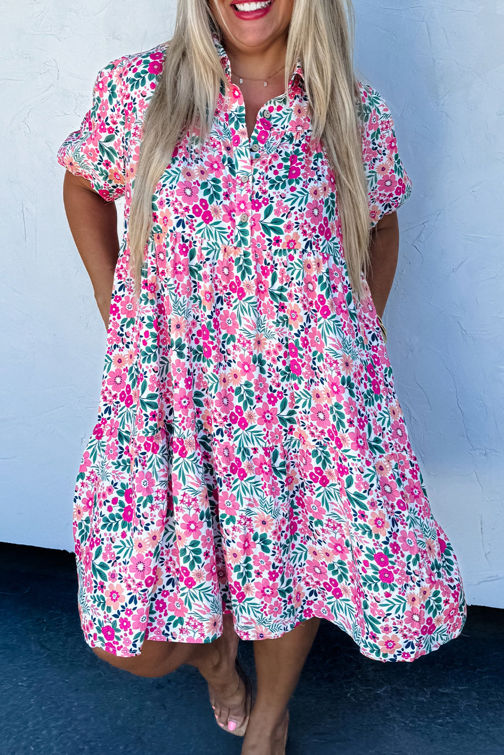 Pink Plus Size Floral Half Button Short Puff Sleeve A-line Dress - Sunny Angela Pink / 4X Pink Plus Size Floral Half Button Short Puff Sleeve A-line Dress - Sunny Angela Pink / 4X