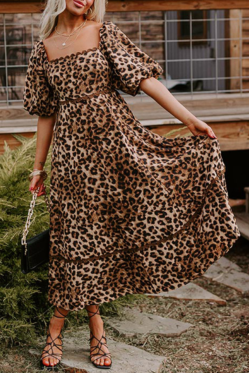Brown Leopard Print Puff Sleeve Ricrac Maxi Dress Brown / L Brown Leopard Print Puff Sleeve Ricrac Maxi Dress Brown / L