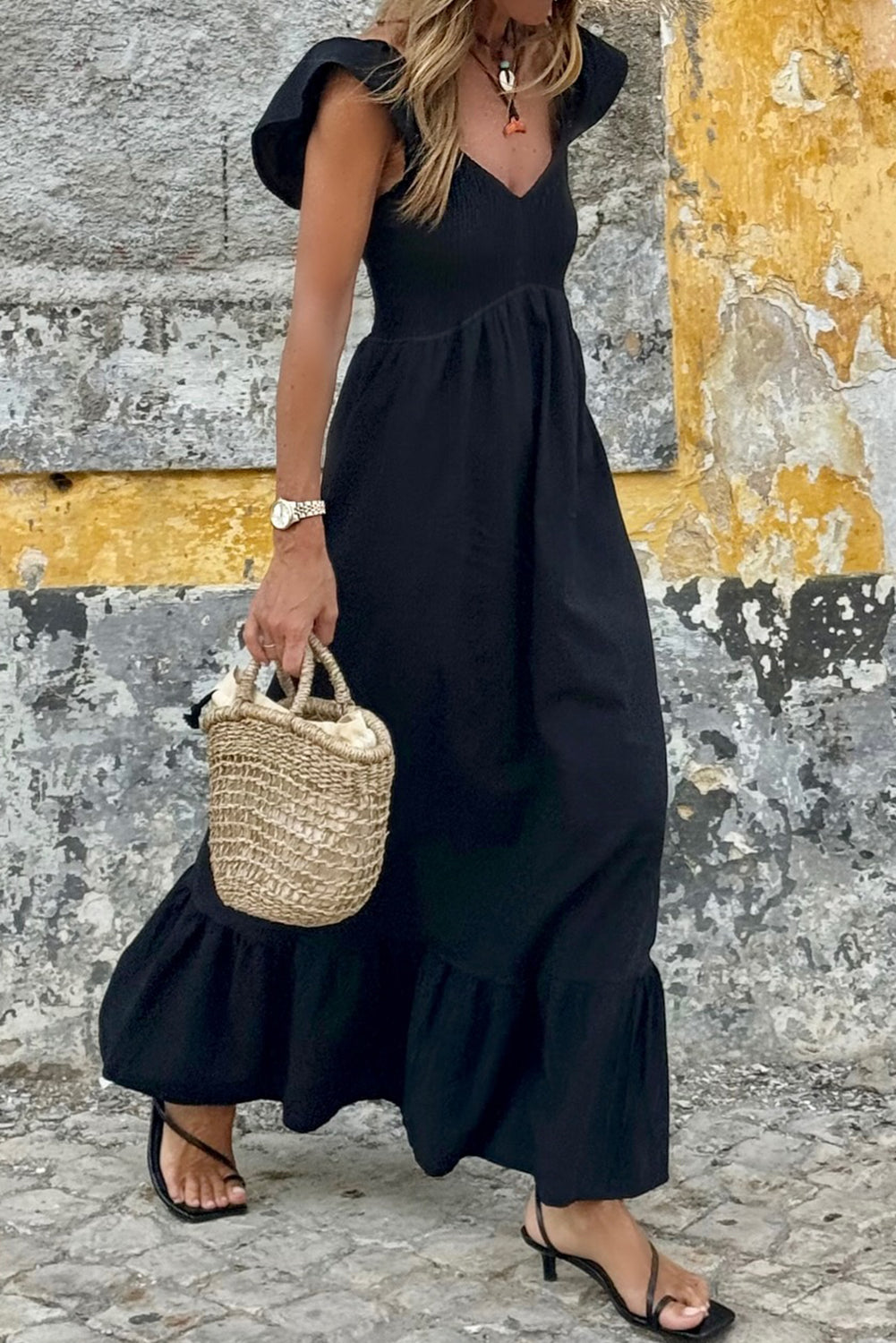 V-Neck Flutter Sleeve Smocked High Waist Ruffle Maxi Dress with Pockets Black / L / 100%Cotton V-Neck Flutter Sleeve Smocked High Waist Ruffle Maxi Dress with Pockets Black / L / 100%Cotton