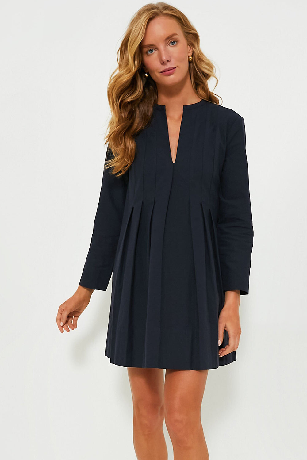 Dark Blue Plain V Neck Pleated Short Dress