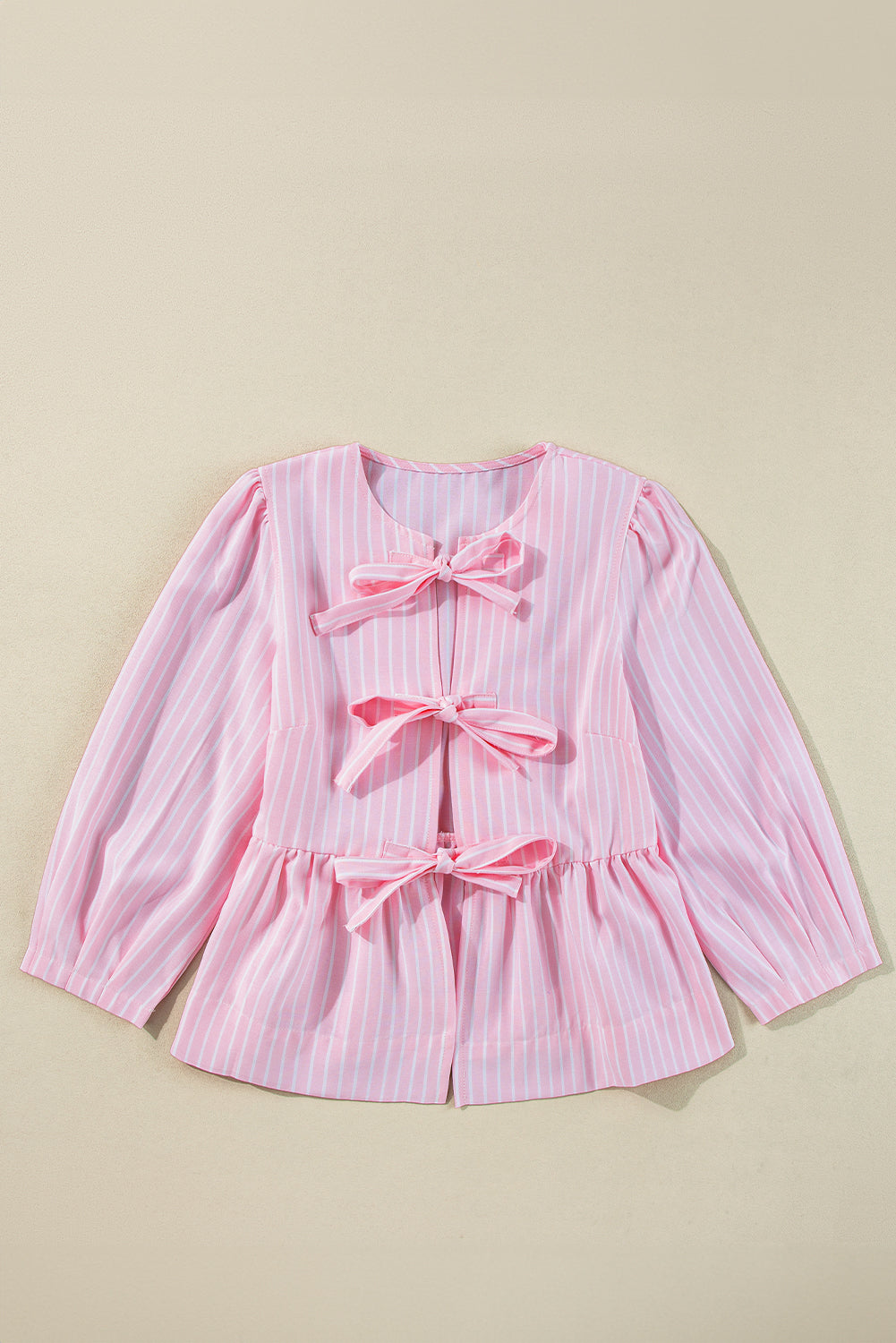 Pink Stripe Bow Front Puff Sleeve Blouse