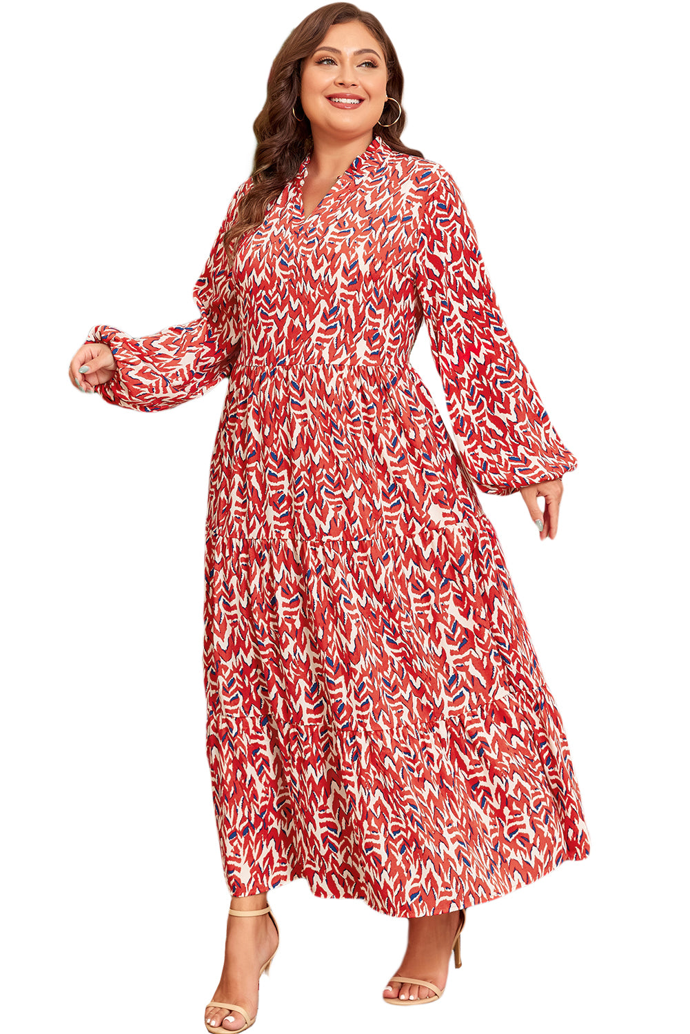 Plus Size Red Abstract Print Notch V Neck High Waist Maxi Dress