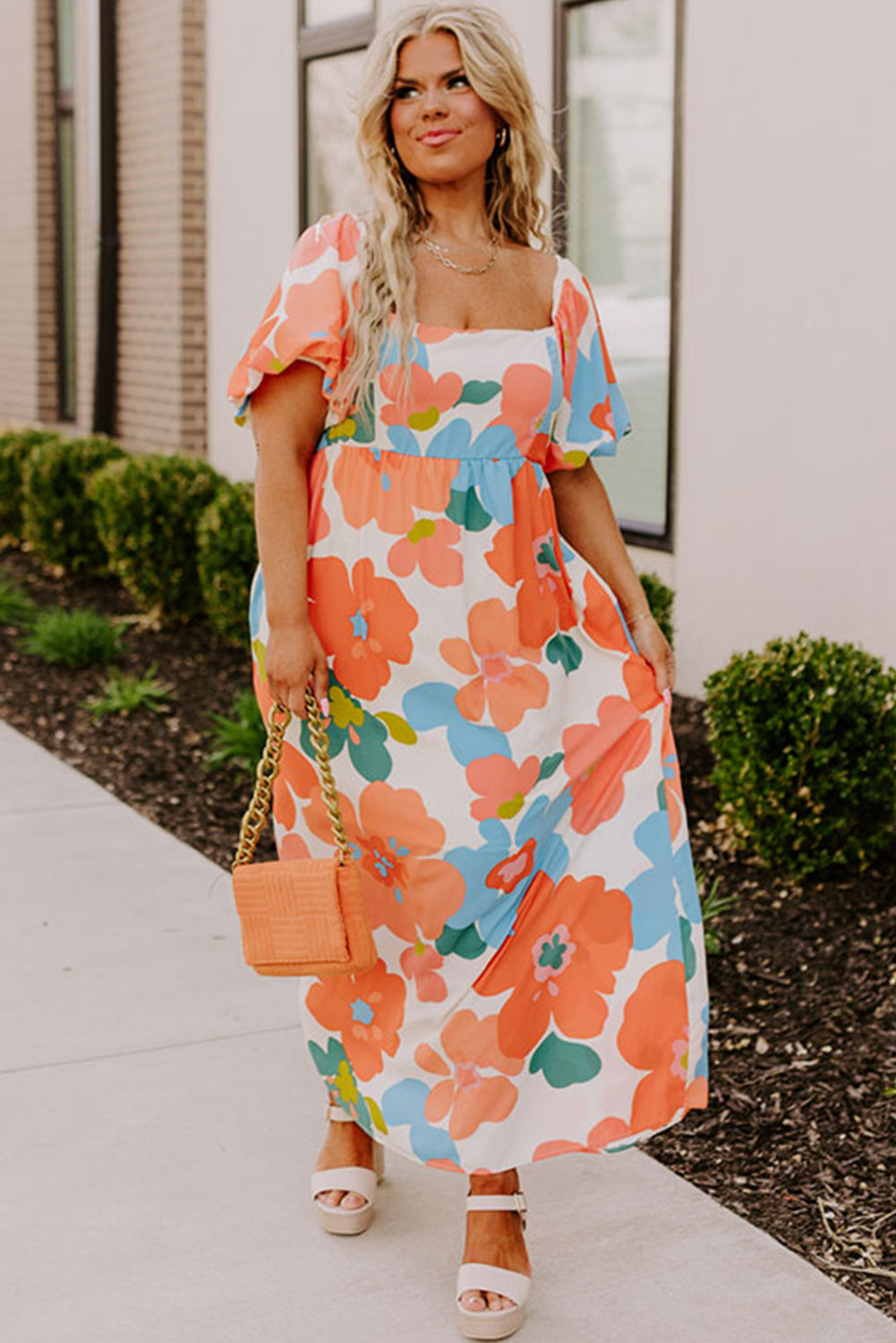 Plus Size Orange Floral Print Square Neck Maxi Dress