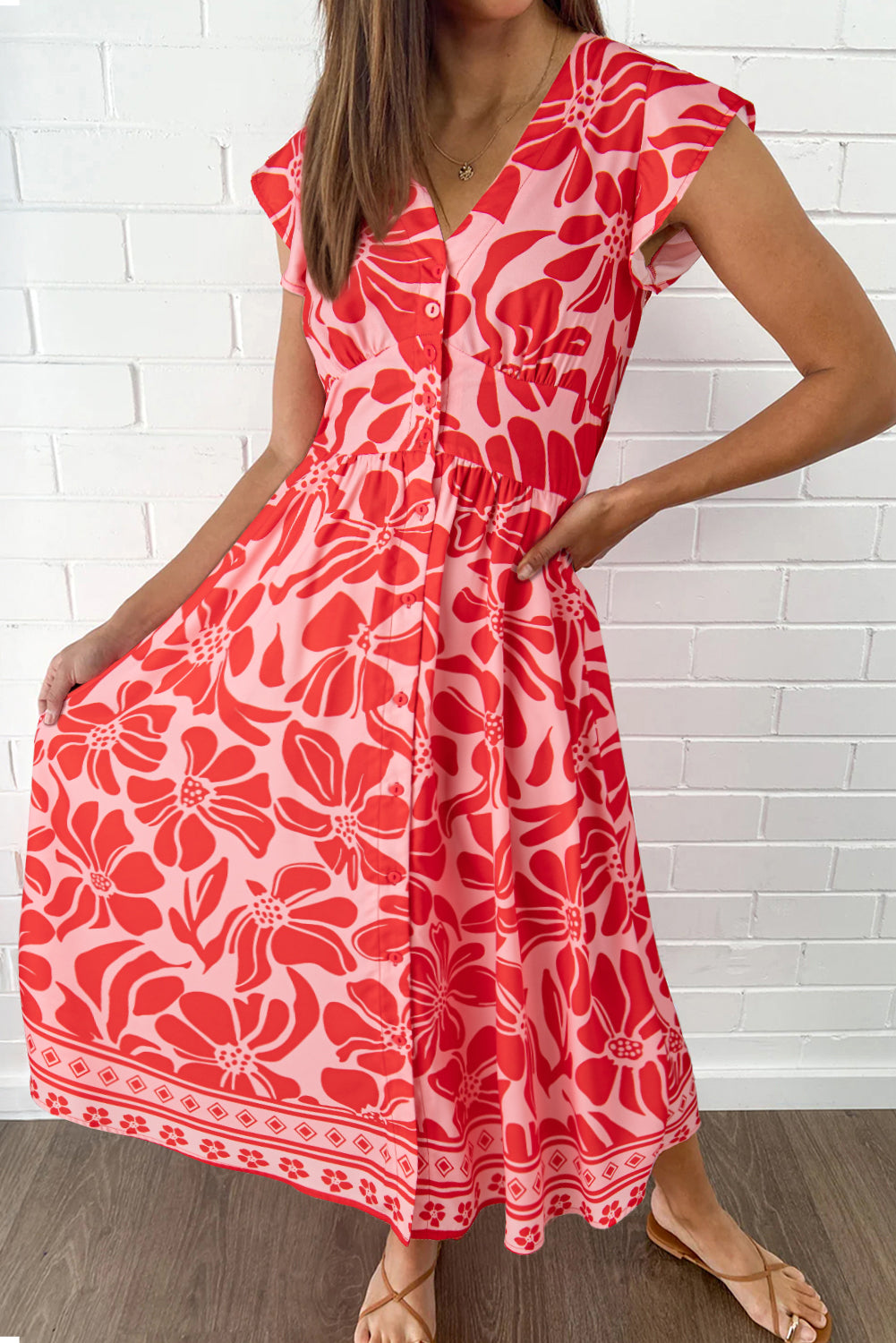 Red Boho Floral V-Neck Ruffle Shoulder Maxi Dress Red / L Red Boho Floral V-Neck Ruffle Shoulder Maxi Dress Red / L