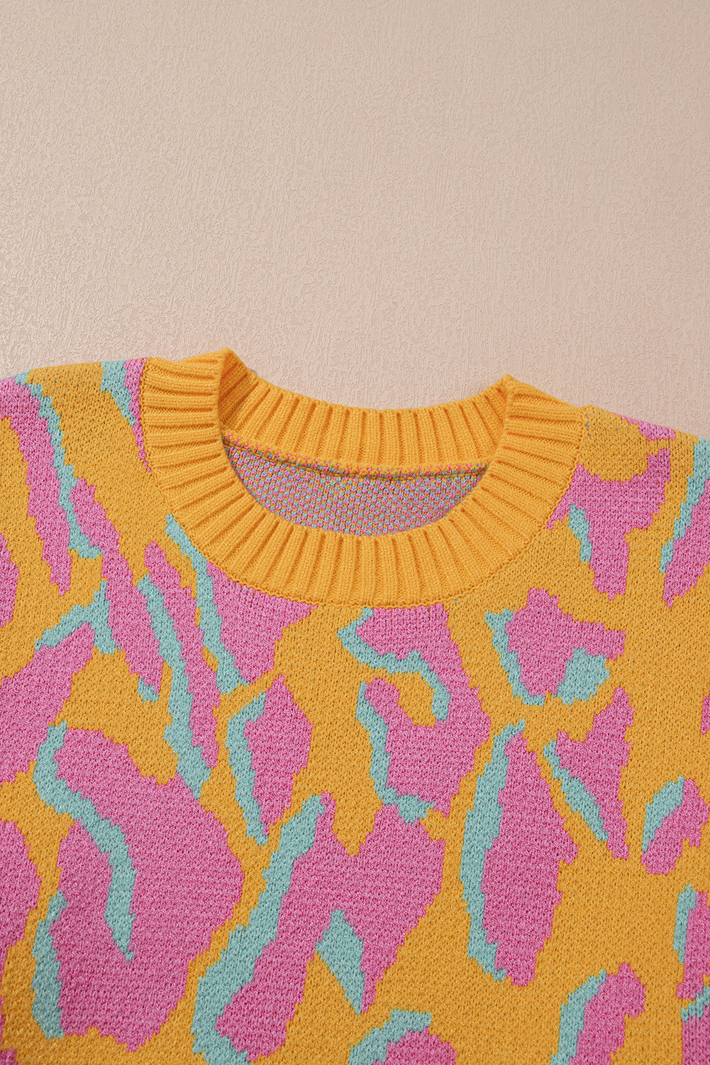 Plus Size Pink and Yellow Leopard Ribbed Trim Sweater