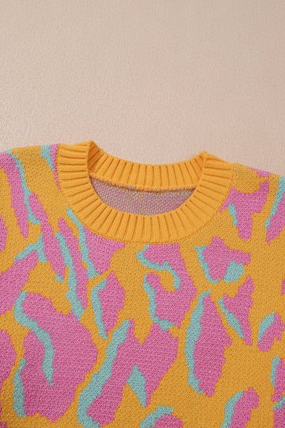 Plus Size Pink and Yellow Leopard Ribbed Trim Sweater