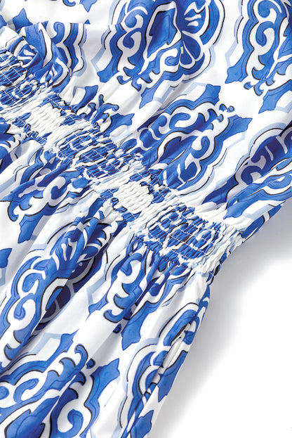 Blue Vintage Floral Print Wide Ruffled Sleeve Dress